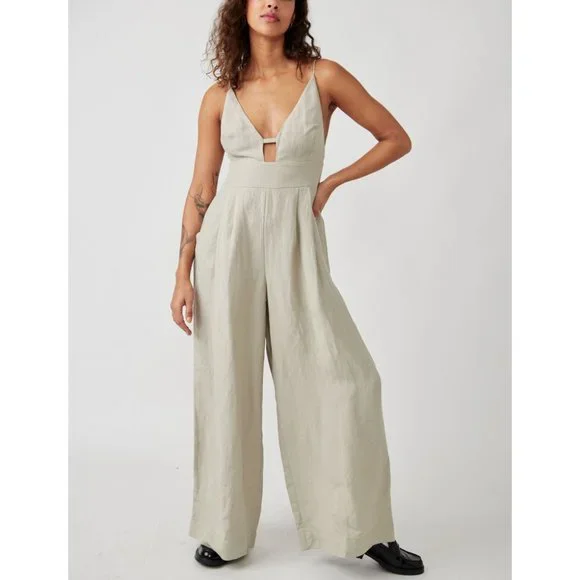 Free People Emma Linen Jumpsuit Alfalfa Size Large - Picture 5 of 16